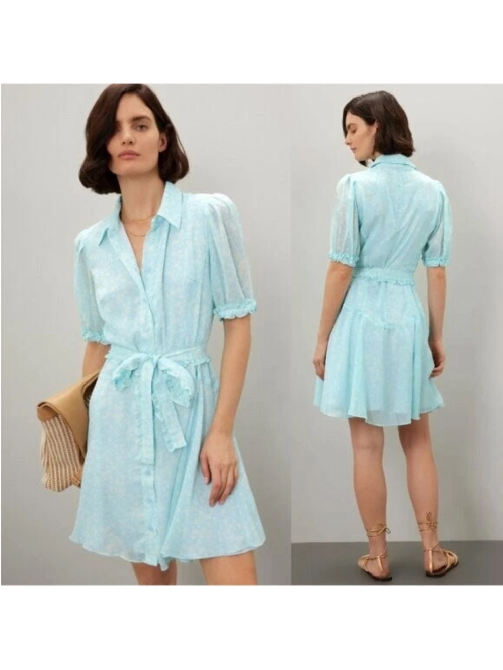 Derek Lam Light Blue Short-Sleeve Tie-Waist Mini Dress